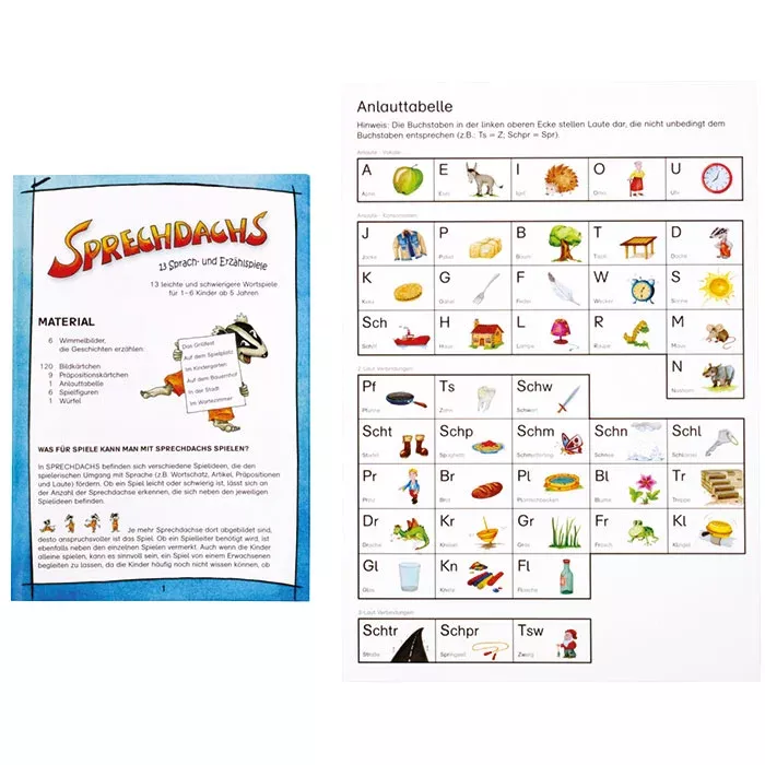 Bildschirmbild, Sprachdachs, Anlautetabelle, Spielanleitung, Kinderbuch