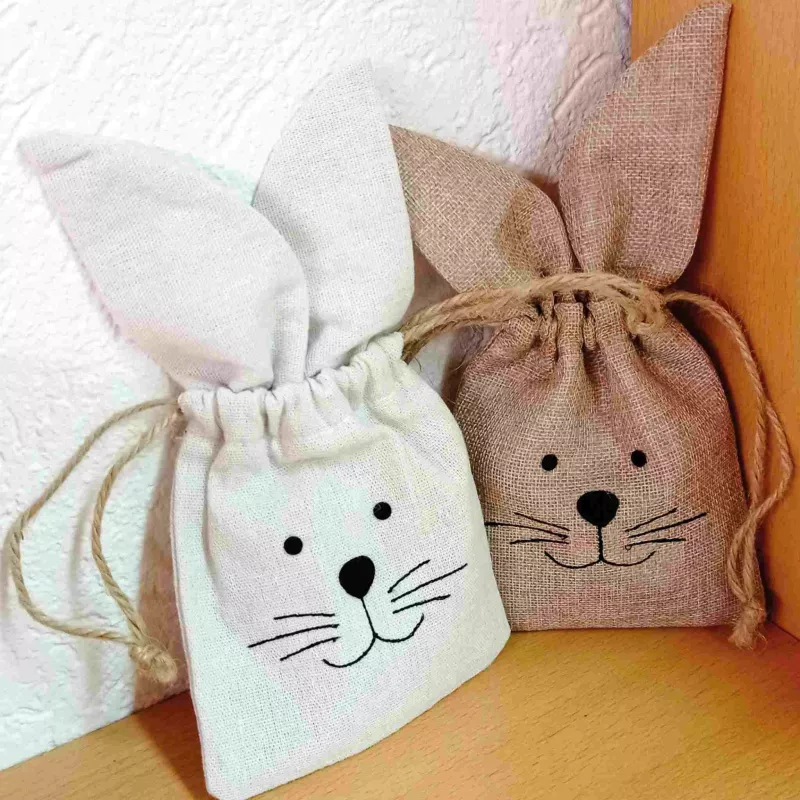 Schmuck-/Kuscheltier-Beutel, Hase, Stoffbeutel, Jutestoff, Knotten/Bindeband
