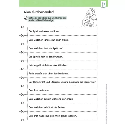 Arbeitsblatt, Sätze sortieren, Mädchen, Apfel, Brot, Brunnen, Huhn, Kikeriki, Goldmarie, Schlaf arbeiten, Betten, Ofen