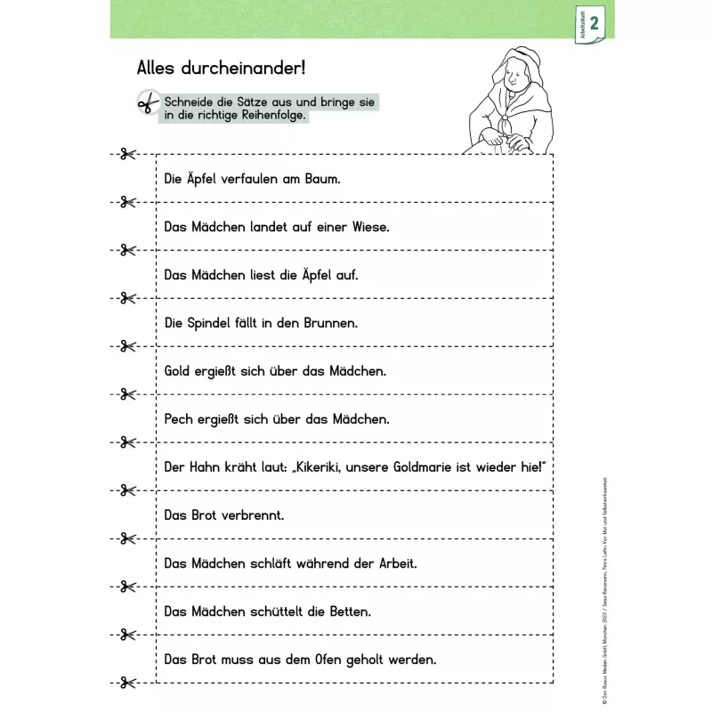 Arbeitsblatt, Sätze sortieren, Mädchen, Apfel, Brot, Brunnen, Huhn, Kikeriki, Goldmarie, Schlaf arbeiten, Betten, Ofen