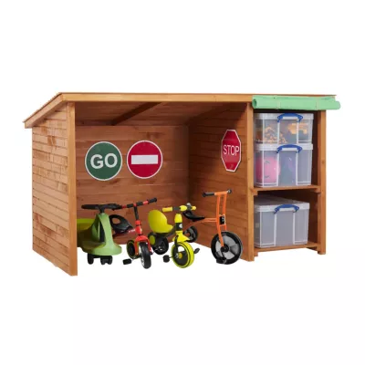 Spielzeugcarport, Kletter-/Laufradgarage, Kinderfahrzeuge, Aufbewahrungsschrank, Holzspielhaus