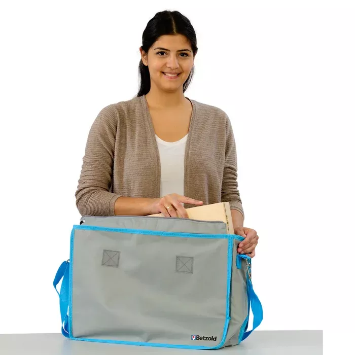 - grey bag, - portable cooler, - insulated bag, - blue trim, - strap bag