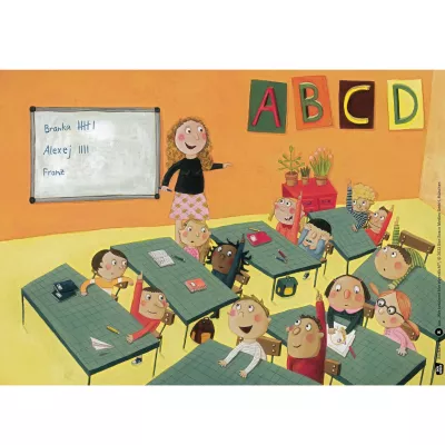 klassenzimmer, schüler, lehrerin, alphabet, schreibtische