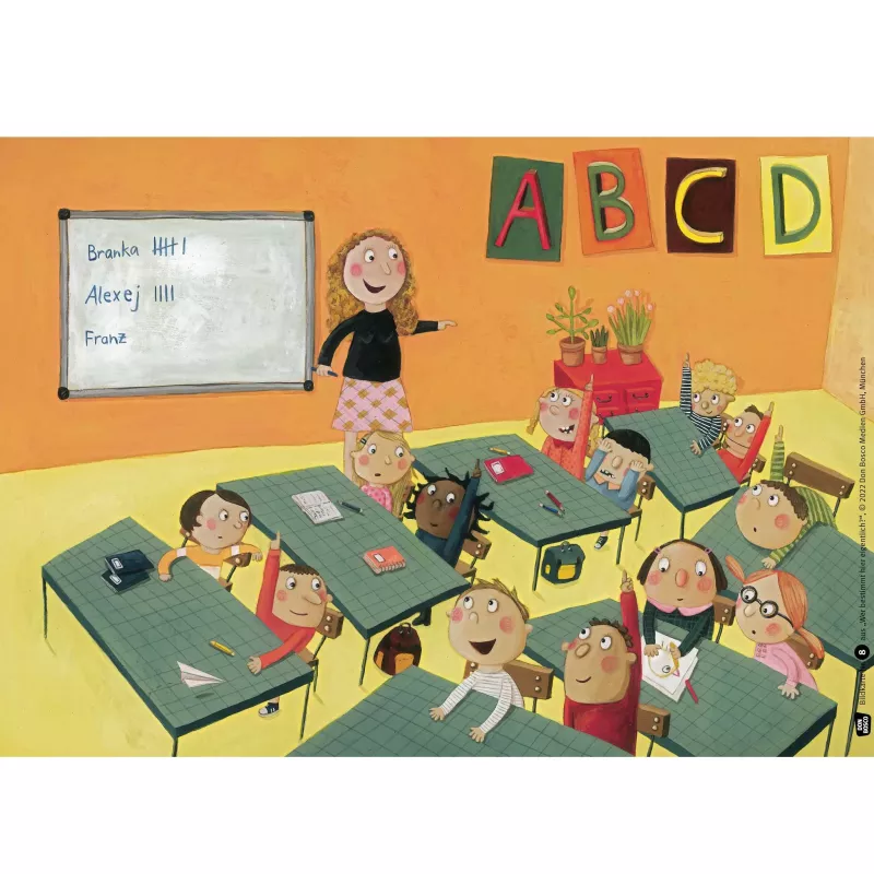 klassenzimmer, schüler, lehrerin, alphabet, schreibtische