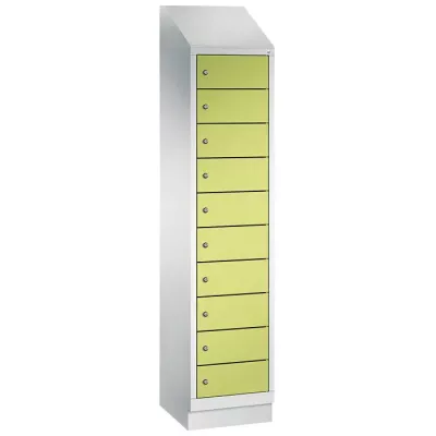 Schließfachschrank, Schubladen, Metall, Hochschrank, grüne Fronten