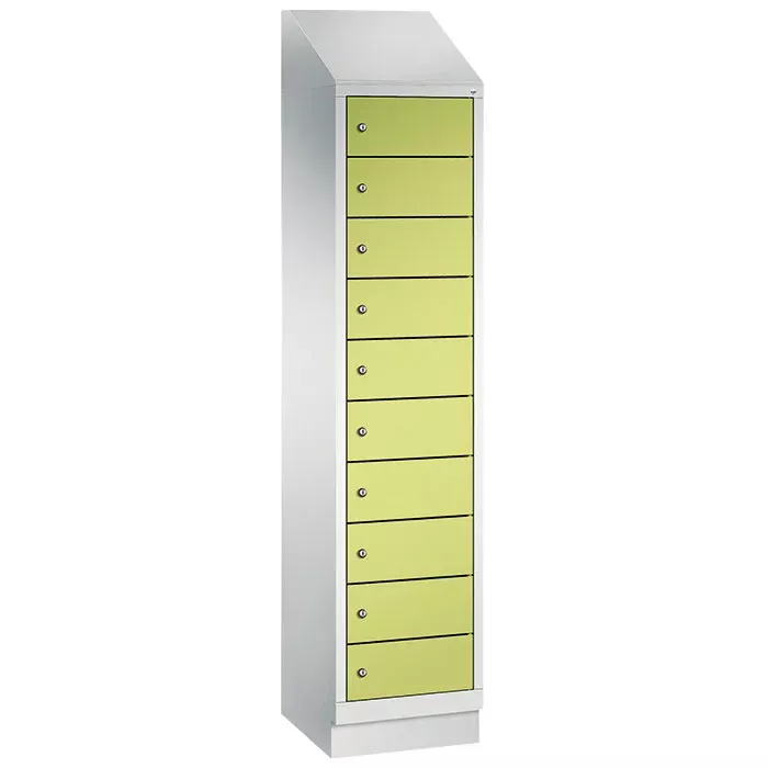 Schließfachschrank, Schubladen, Metall, Hochschrank, grüne Fronten