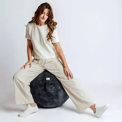 Beige Top, Short Sleeve, Textured Knit, Beige Pants, White Sneakers