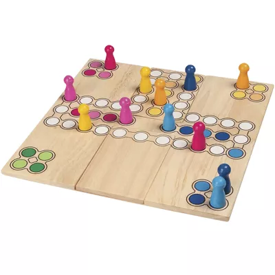 Brettspiel, Holzbrett, bunte Spielfiguren, Ludo-ähnlich, verbundene Bretter