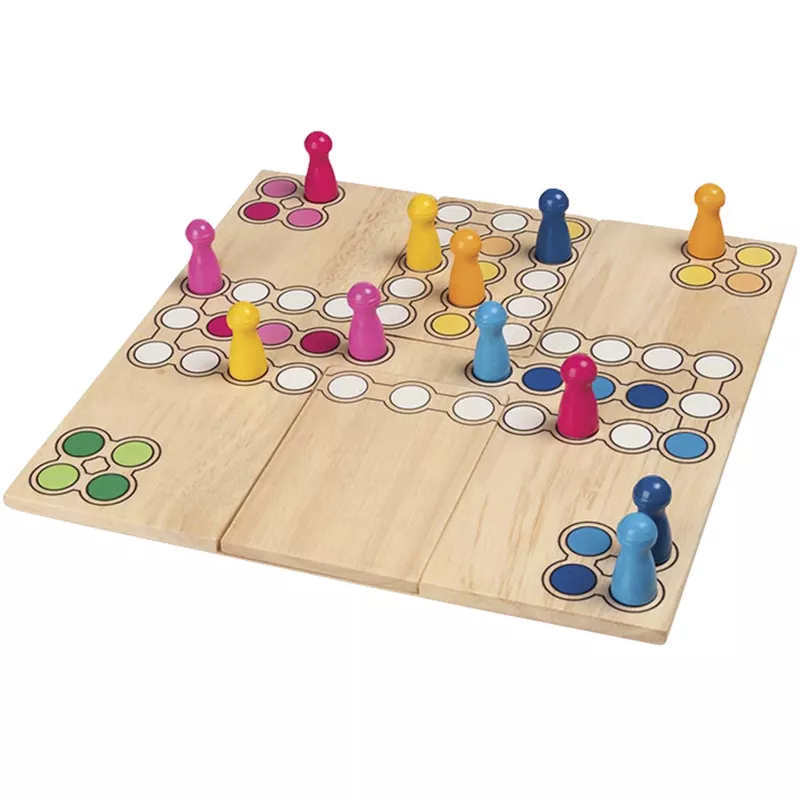 Brettspiel, Holzbrett, bunte Spielfiguren, Ludo-ähnlich, verbundene Bretter