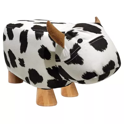 Cow-pattern, Plush, Ottoman, Footstool, Wooden-legs