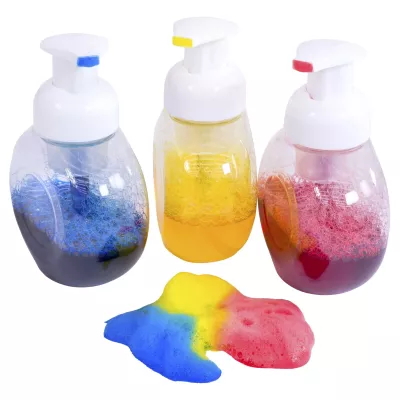 Farbe, Spülmittel, Flüssigseife, Drei Flaschen, bunte Schaumfarbe