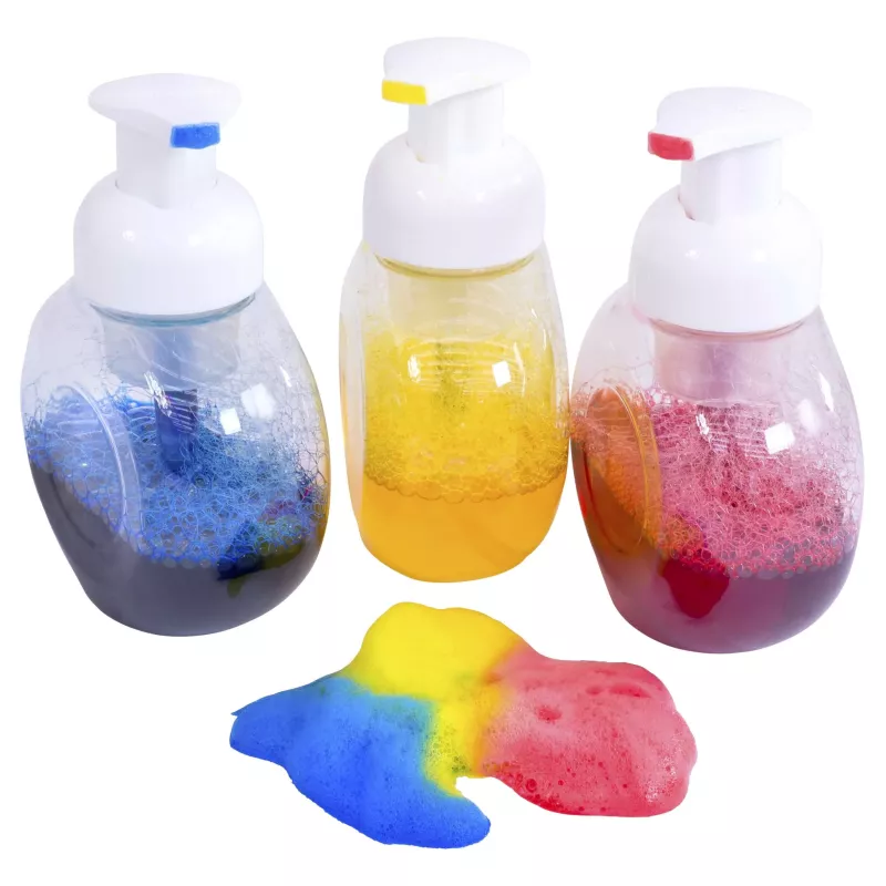 Farbe, Spülmittel, Flüssigseife, Drei Flaschen, bunte Schaumfarbe