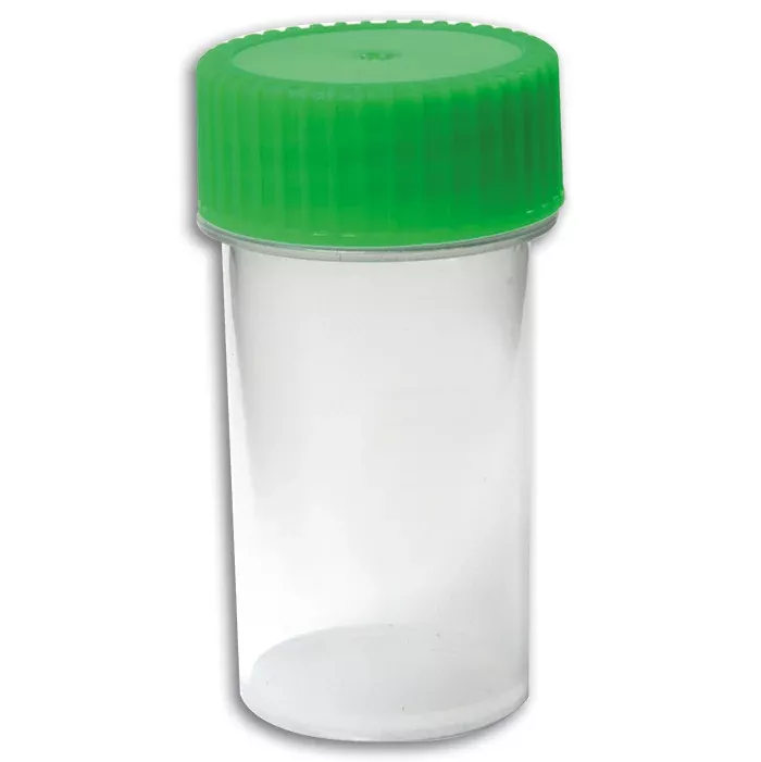leeres Fläschchen, Probenröhrchen, Plastikbehälter, grüner Deckel, Reagenzflasche