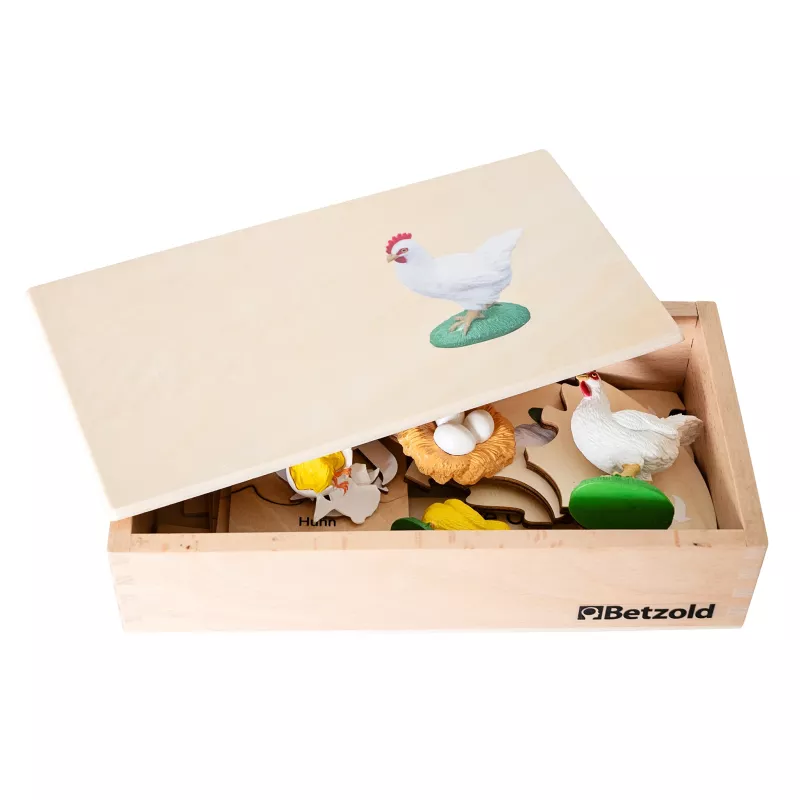 Holzbox, Huhn, Huhnenspiel, Kinderpuzzle, Schachtelinhalt