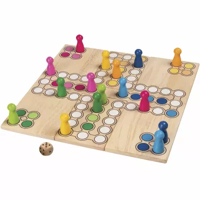 Ludo, Stückspiel, Holzbrett, Spielsteine, Würfel