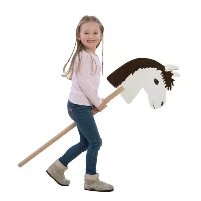 Kinder Spielzeug, Pferd Reiterstab, Holzstock, Pferdekopf Plüschtier?, Beige Schuhe