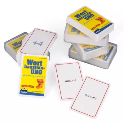 Wortbausteine, UNO-Karten, Kartenspiel, Mehrspieler, Vorwahl