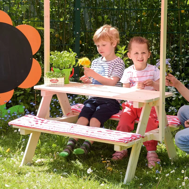 Kinder, Garten, Holz-Tisch, Sitzbank, Blumen