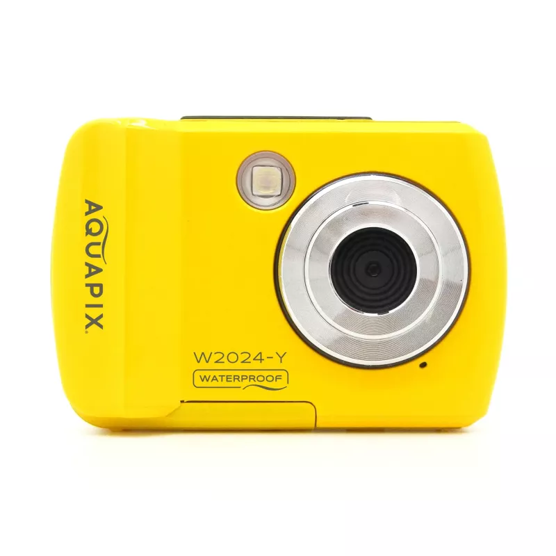 gelbe Kamera, kompakte Kamera, wasserdicht, Objektiv vorne, AQUAPIX