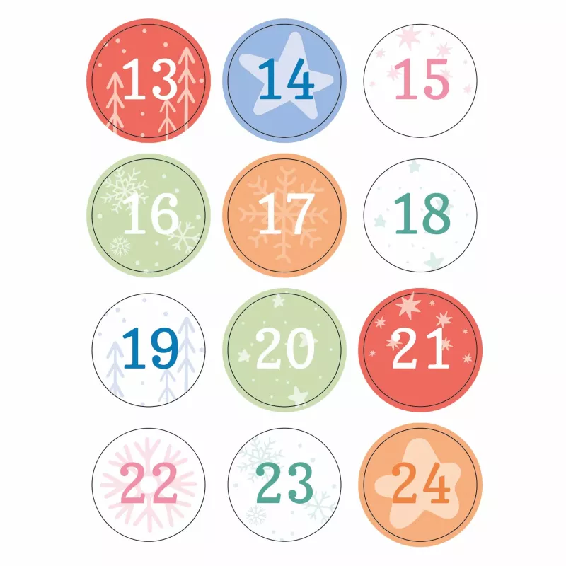 Adventskalender, runde Aufkleber, Zahlen 13-24, Wintermuster, bunte Kreise