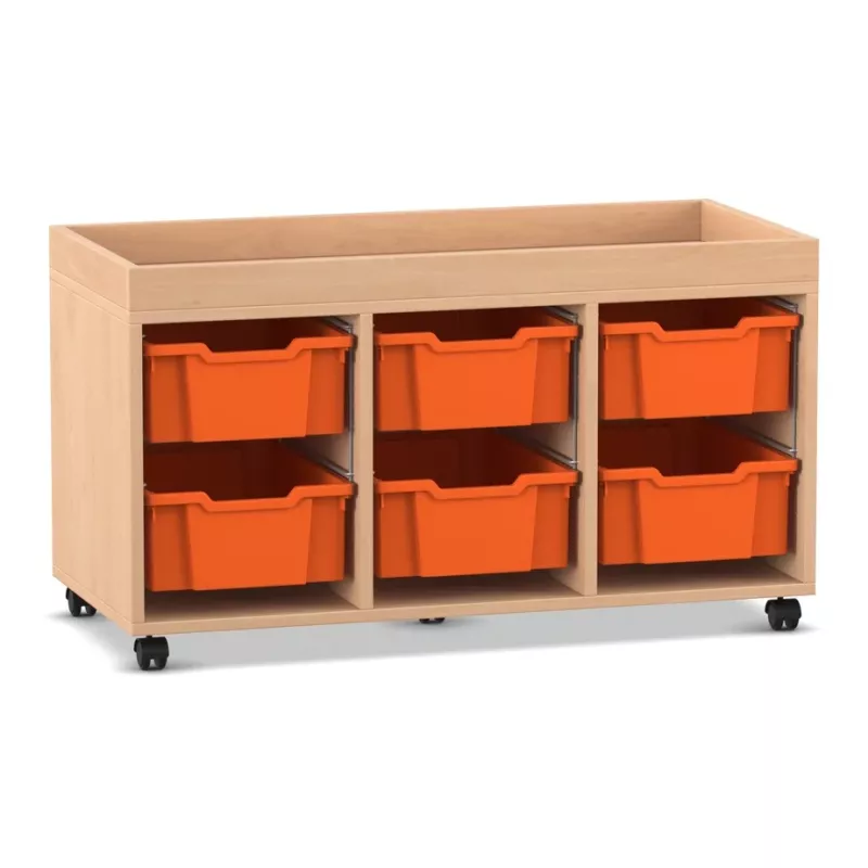 Schrank, Aufbewahrung, orangefarbene Behälter, Rollen, Holzrahmen