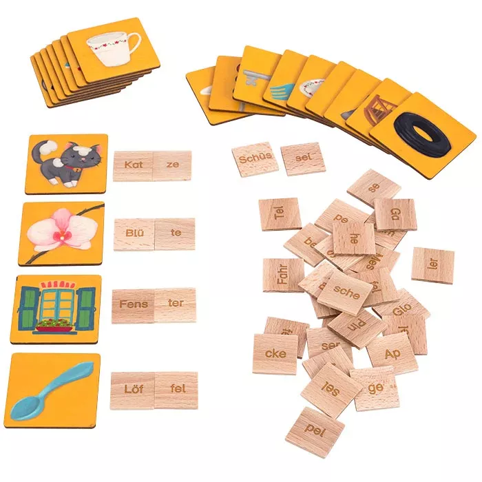 Lernkarten, Bunte Karten, Tierbild, Holzbuchstaben, Wortbausteine
