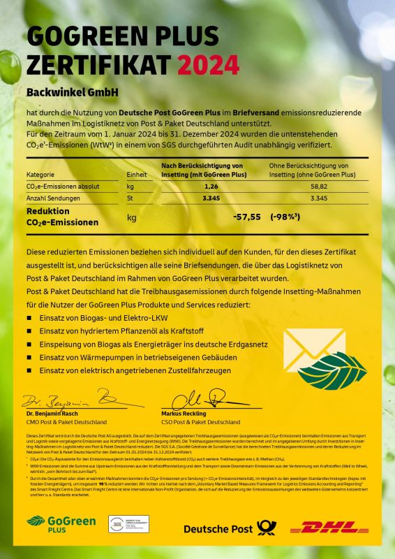 zertifikat, go green, co2e-emissionen, zertifikat, post paket deutschland