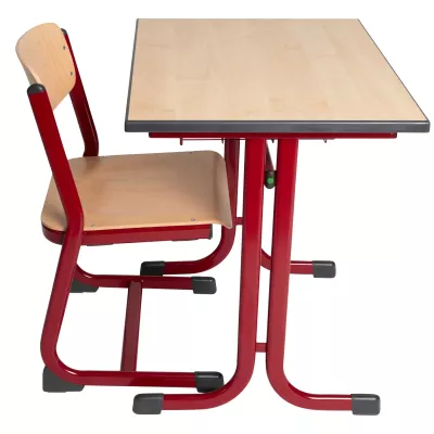 Schreibtisch, Schule, Schülerstuhl, Holzplatte, rot