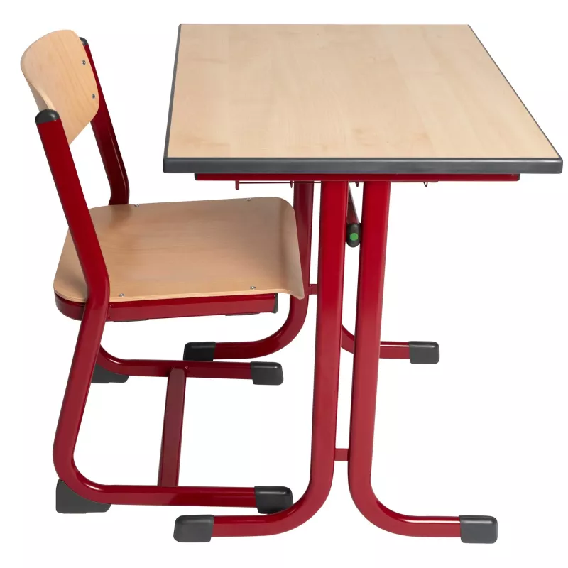 Schreibtisch, Schule, Schülerstuhl, Holzplatte, rot