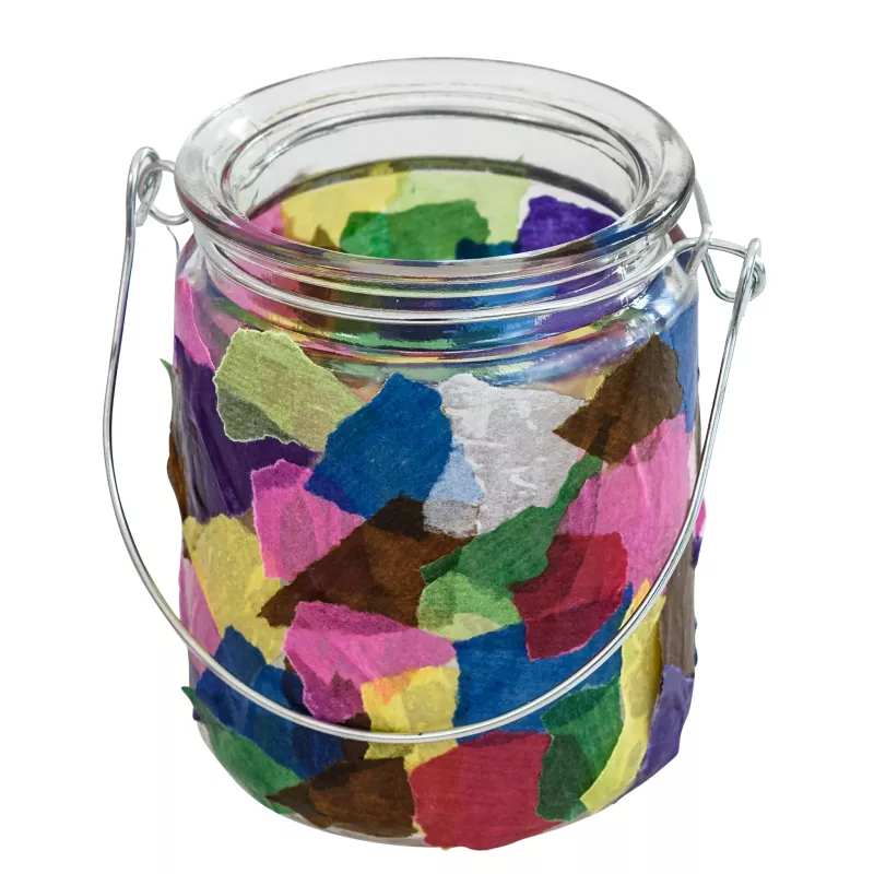 glasbehälter, buntes papier, konfetti, glas jar, bastelmaterial