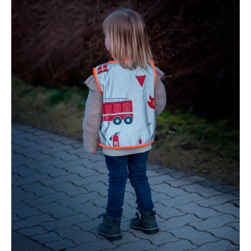 Kinderwarnweste, Reflektierende Paspeln, Feuerwehrmotiv, Hellblau, Ärmellos