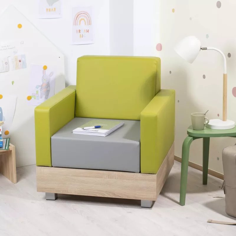 Sessel, Kinderzimmer, Grün, GrauKissen, Holzbasis