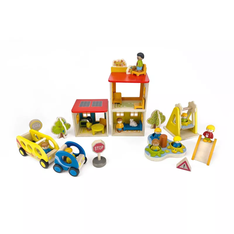 Holzspielzeug, Kleinstadt, Verkehrsspielzeug, Kaufladen, Figurenset