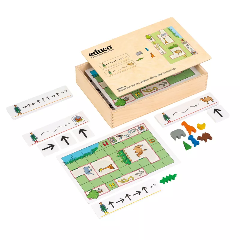 educational game, brettspiel, holzbox, puzzle pieces, pfeile symbole