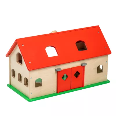 Holzspielhaus, Kinderspielzeug, Formensortierer, rotes Dach, Naturholz