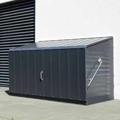 Aufbewahrungsbox, Außenkabinet, Metallgehäuse, Lattenwand?, dunkelgrau