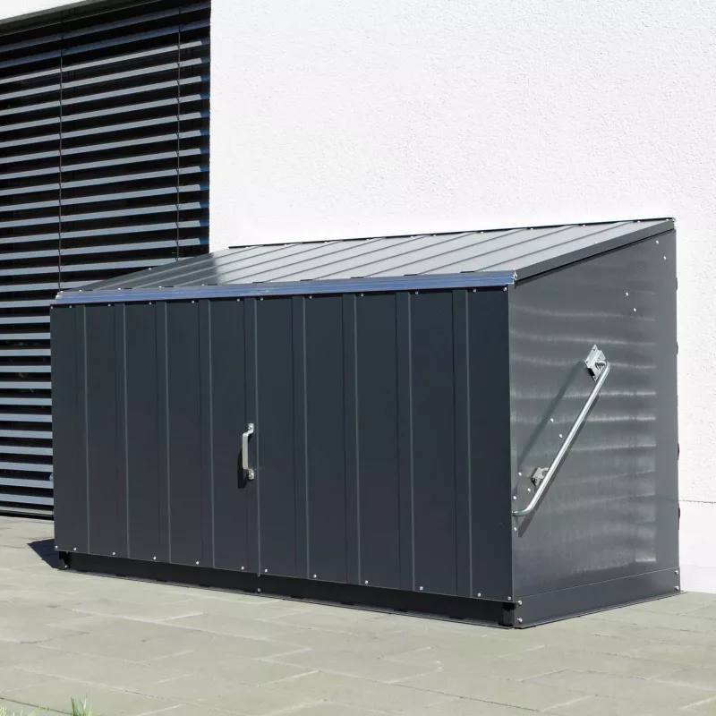 Aufbewahrungsbox, Außenkabinet, Metallgehäuse, Lattenwand?, dunkelgrau