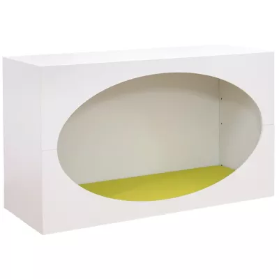 White cabinet, oval cutout, display case, storage unit, yellow base