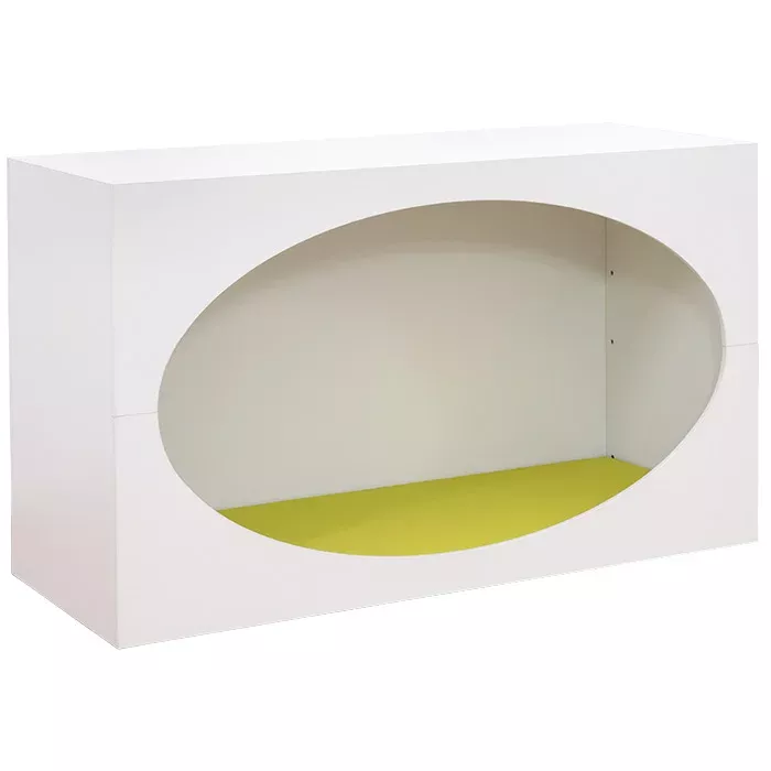 White cabinet, oval cutout, display case, storage unit, yellow base
