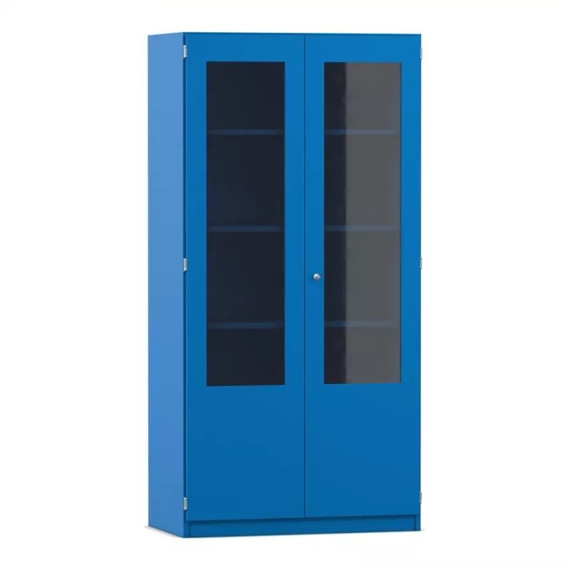 Schrank, Vitrinen-Schrank, Metall, Blaue Farbe, Glaseinsicht