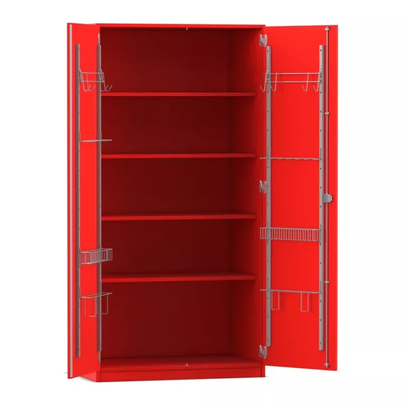 Schrank, Aufbewahrung, Regal, Metallbeschläge, rot