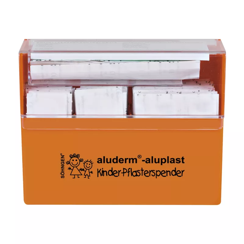 Pflasterspender, Kinder, Aluderm, orange Box, Aufbewahrungsbox