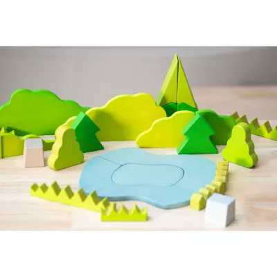 Holzspielzeug, Bauklötze, Landschaftsbaukugeln, Waldfarben, Klemm-Spielset
