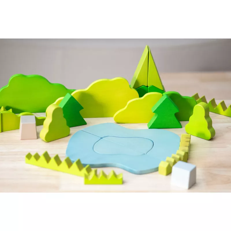 Holzspielzeug, Bauklötze, Landschaftsbaukugeln, Waldfarben, Klemm-Spielset