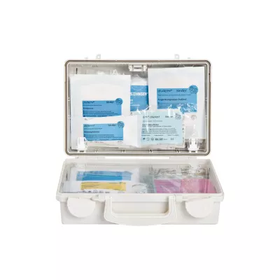 erste-hilfe-koffer, medizinischer-koffer, kunststoff-gehäuse, blaue-packungen, verbandpackungen