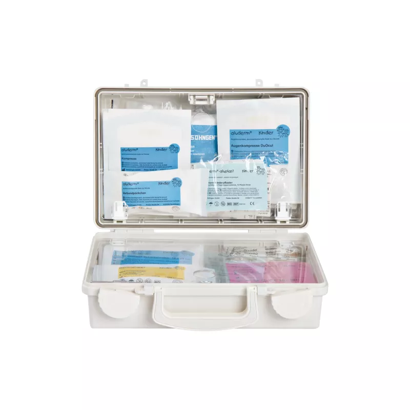 erste-hilfe-koffer, medizinischer-koffer, kunststoff-gehäuse, blaue-packungen, verbandpackungen