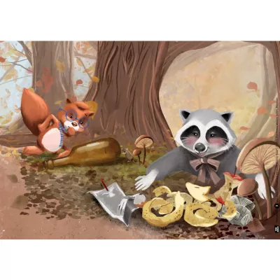 Eichhörnchen, Waschbär, Herbstwald, Pilze, Papierkorb