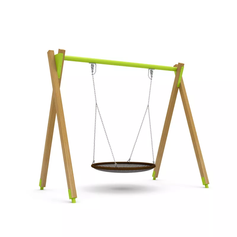 Nestschaukel, Holzgestell, Metallketten, grüne Querstrebe, runde Sitzfläche