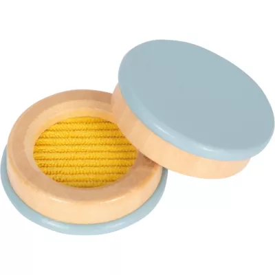 Holzspielzeug, Holzdose, gelbes Innenleben, hellblauer Deckel, rund