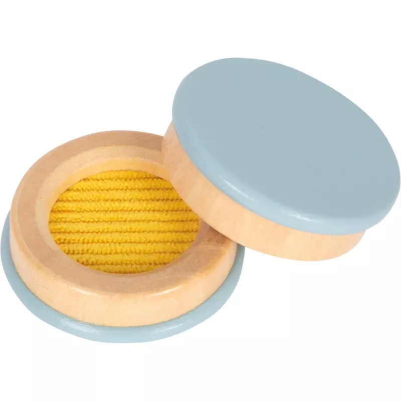 Holzspielzeug, Holzdose, gelbes Innenleben, hellblauer Deckel, rund